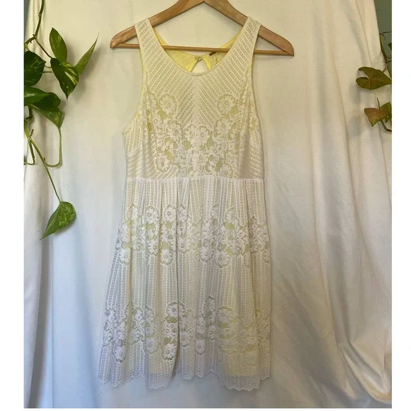 Free People | Dresses | Free People Rocco Open Back White And Yellow Lace  Dress M | Poshmark